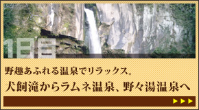 野趣あふれる温泉でリラックス。犬飼滝からラムネ温泉、野々湯温泉へ
